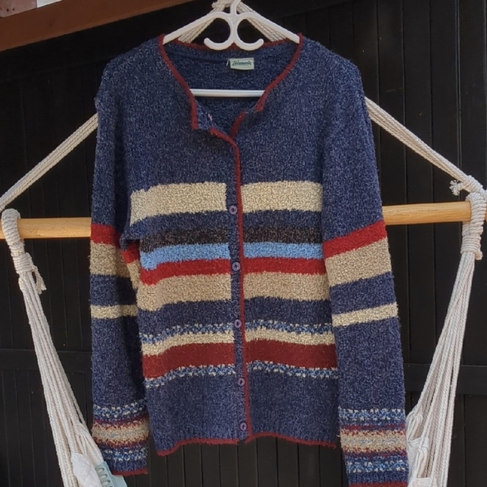 -VINTAGE- Size M Cardigan Button Up Blue Red And Beige (Ladies 10/12)